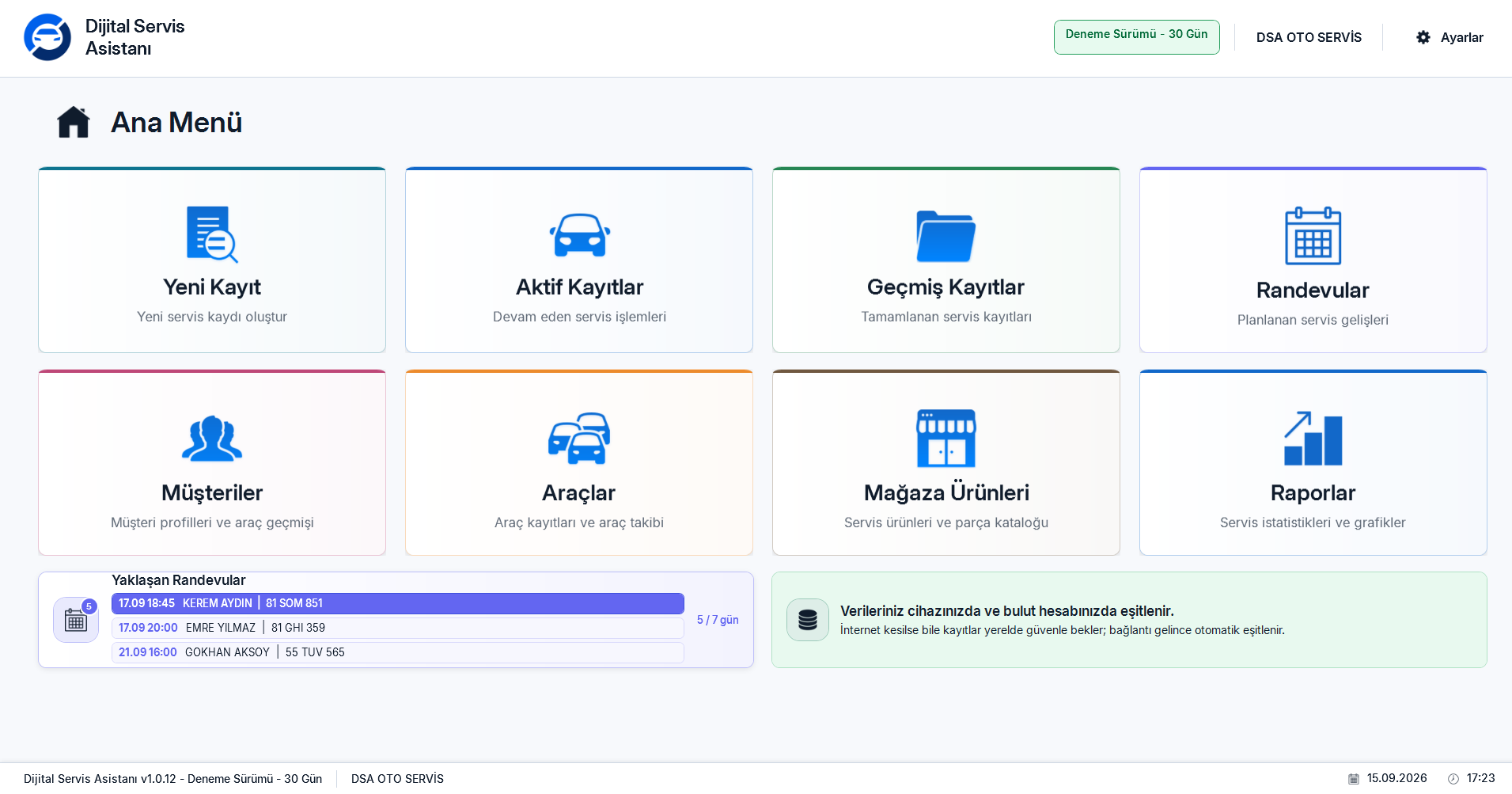 Dijital Servis Asistanı Windows uygulaması ana menüsü